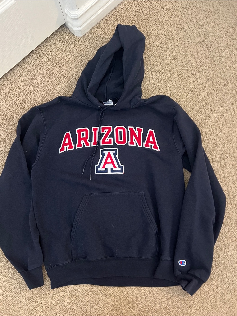 Champion Navy Hoodie with Red and White Arizona Arch & A Logo